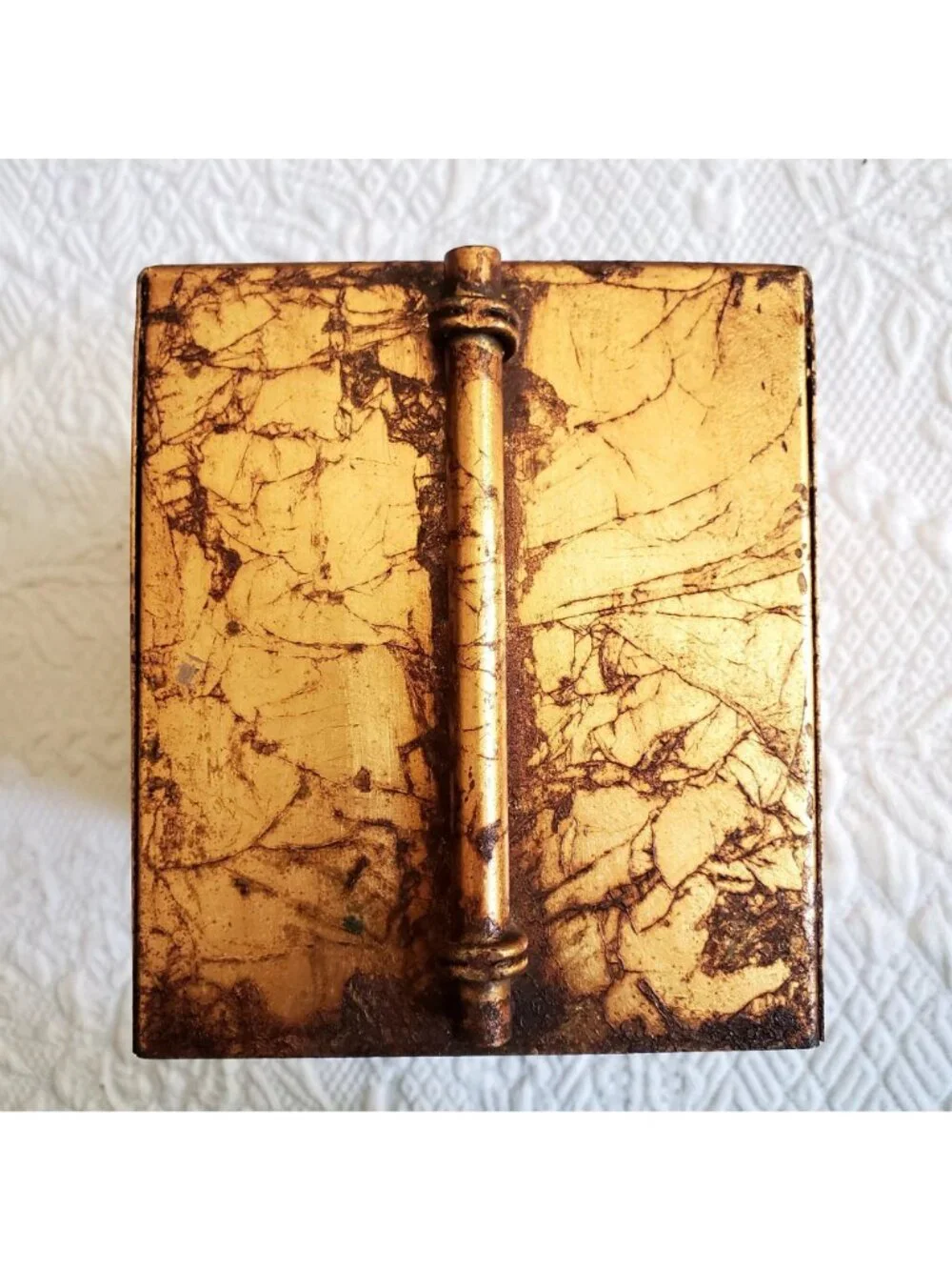 Vtg Tissue Box Cover MCM Brutalist Antique Gold Hollywood Regency Bath Vanity